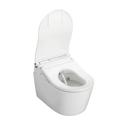TOTO WASHLET+ RP toilet with RW bidet seat, lid open, showing the D-shaped bowl and retractable wash wand