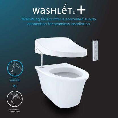 Infographic explaining that TOTO WASHLET+ wall-hung toilets offer a concealed supply connection for seamless installation