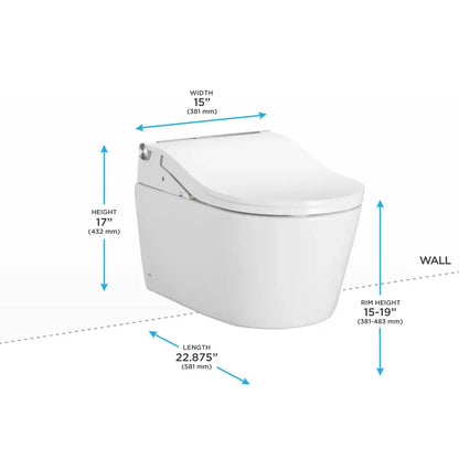 Dimension diagram of the TOTO RP wall-hung toilet showing width, height, seat height and length measurements relative to the wall